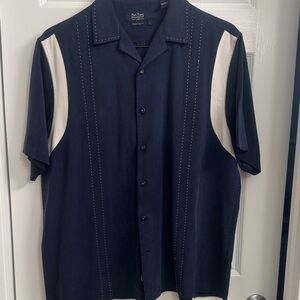 Nat Nast Navy Blue and White Short Sleeve Button Down Shirt 100% SILK